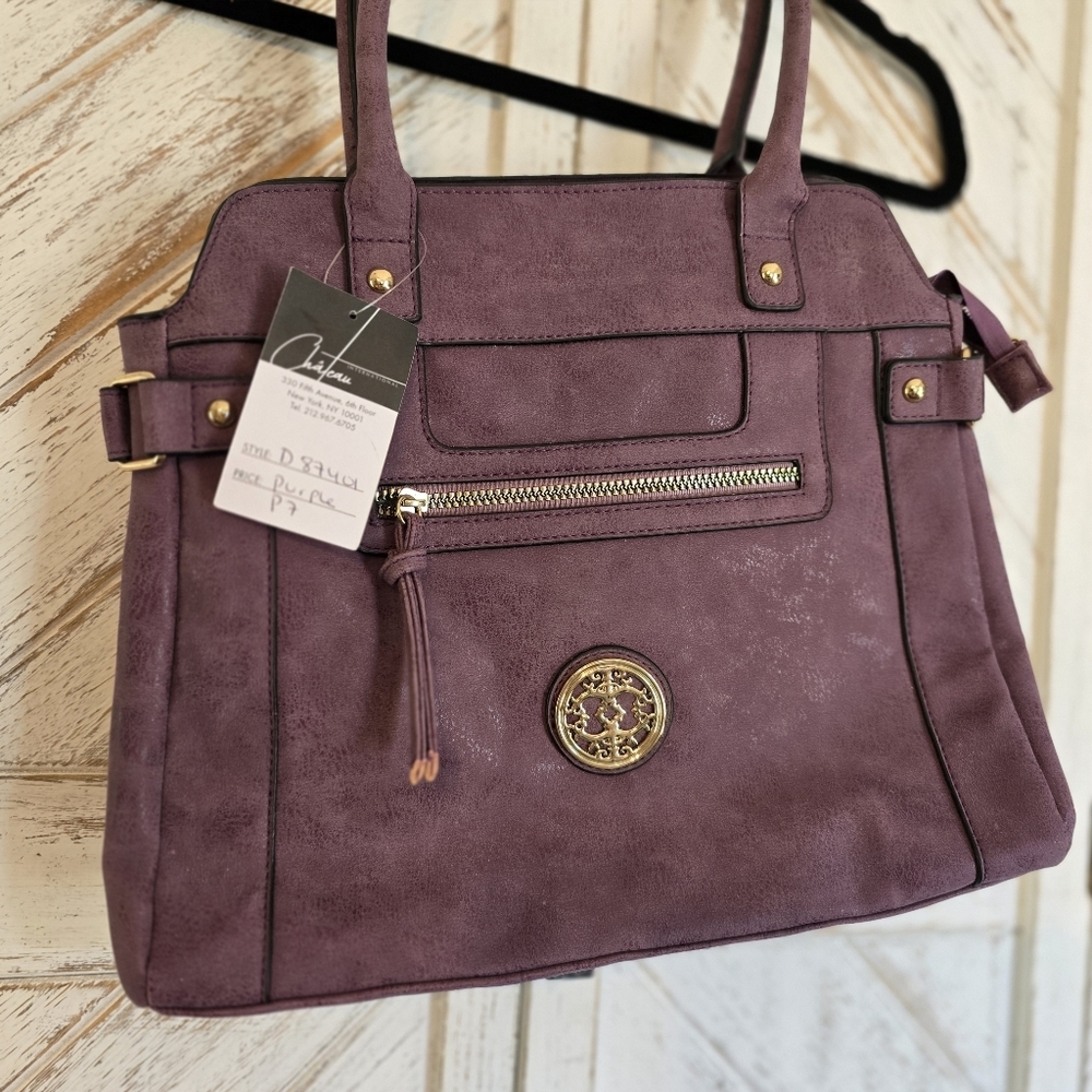 Chateau Purple Satchel Handbag NWT Gold Medallion Logo Front Zip Shoulder Bag - Picture 2 of 11